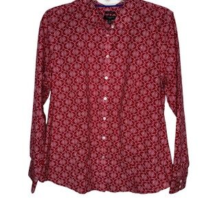 Talbots Woman’s Button Up Shirt Red White Floral Print Top 12 P Petite Cotton